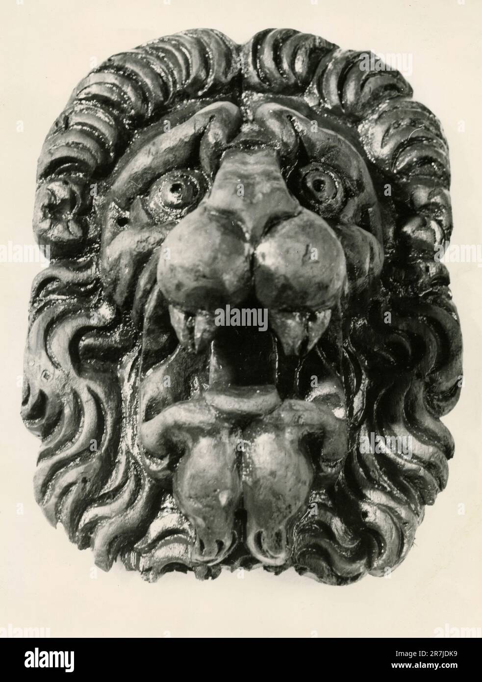 Lion mascaron, lion's head sculpture on the gun ports lids of the old Viking ship Wasa, Sweden 1960s Stock Photo