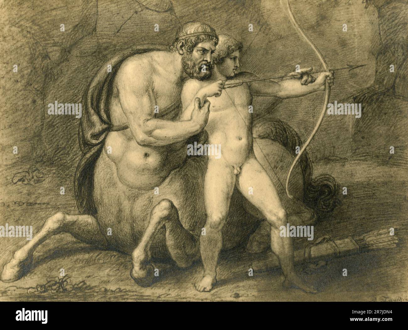Chiron teaching archery to Achilles, painting by unidentified artist, 1900s Stock Photo