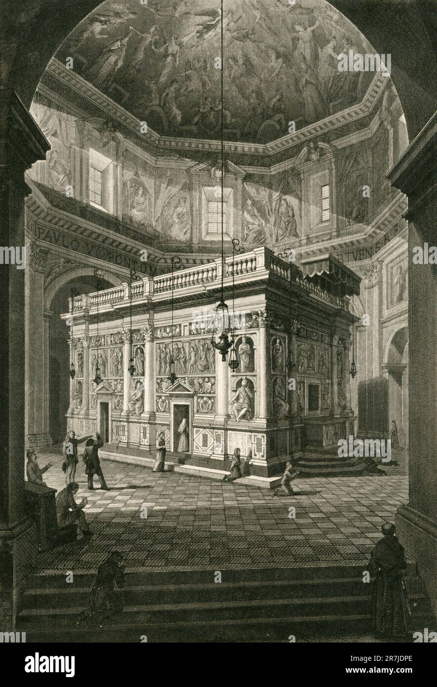 View of the Holy House of Loreto, Italy, engraving 1800s Stock Photo