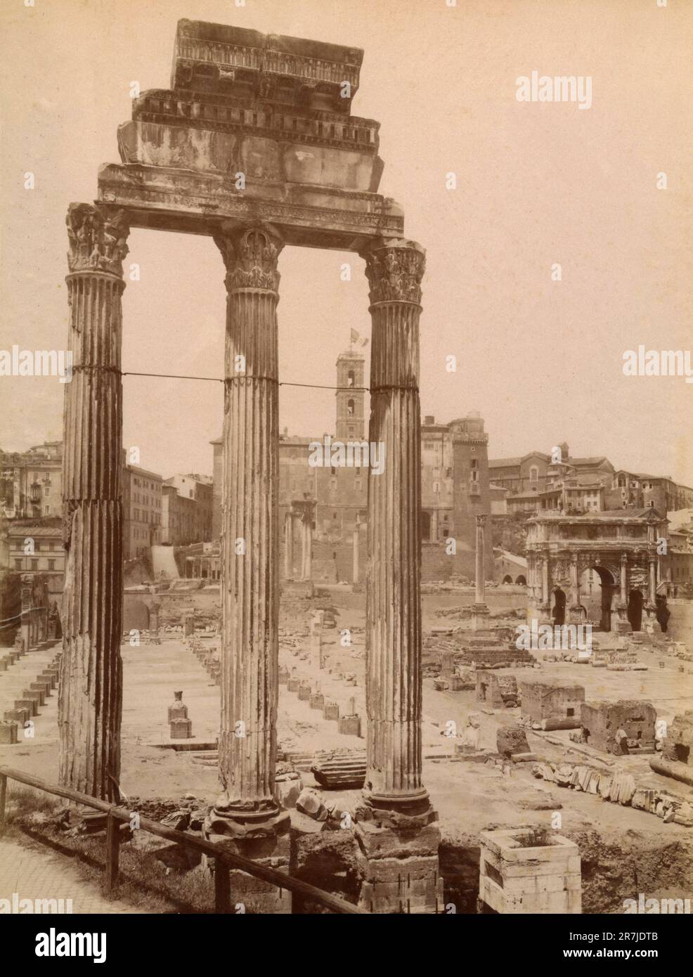 View of the rests of the Temple of Castor and Pollux at the Roman Forum, Rome, Italy 1880s Stock Photo