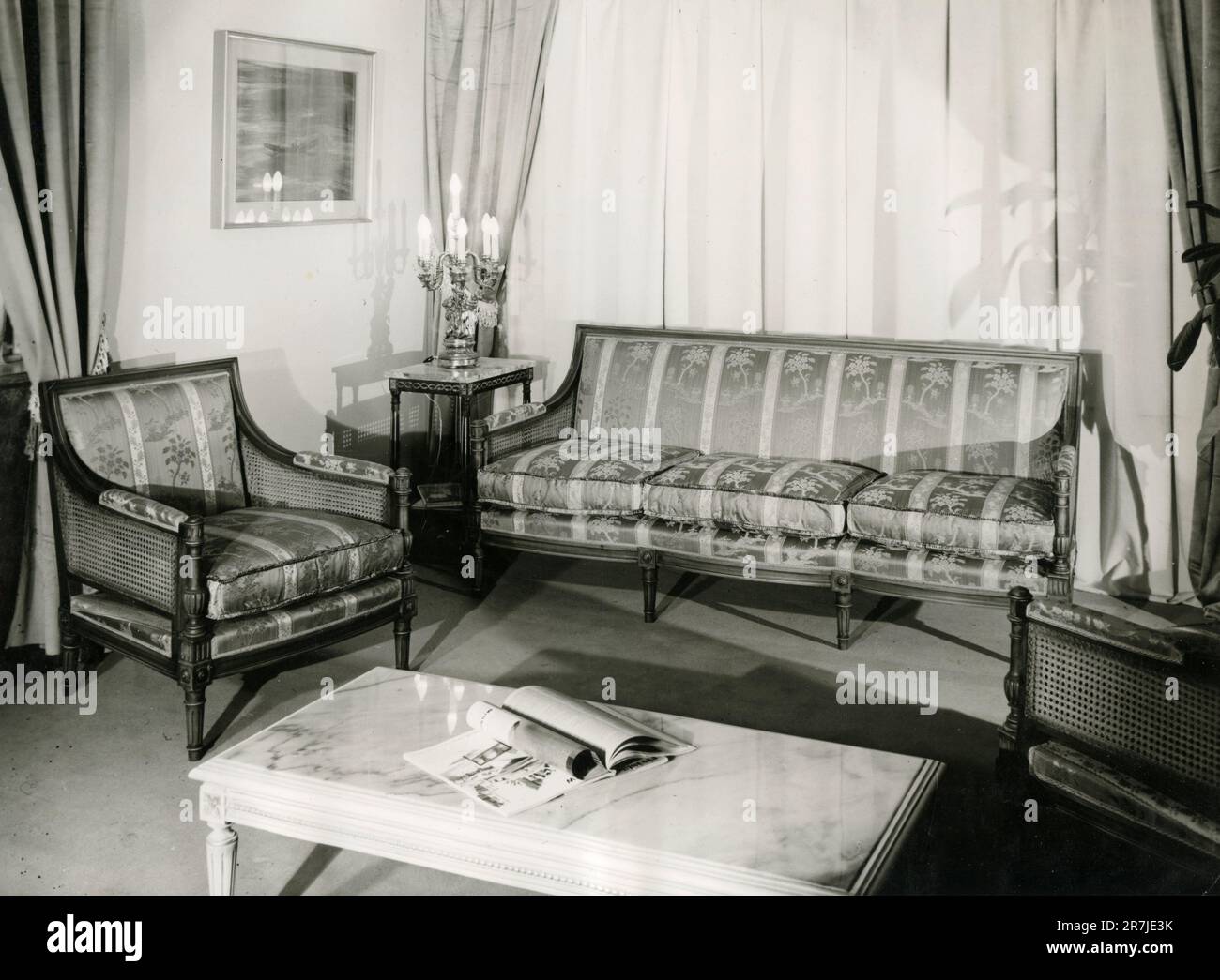 Living room composed of sofa and fabric armchairs, Italy 1970s Stock Photo