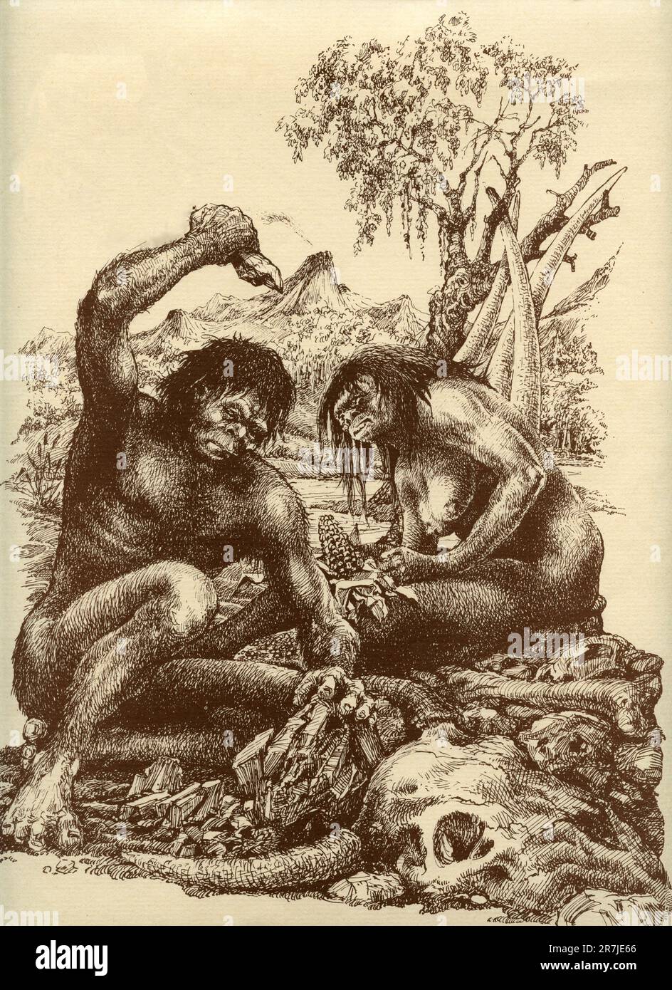 Primitive couple of humans working with tools, drawing by Italian artist Taccola, Italy 1968 Stock Photo