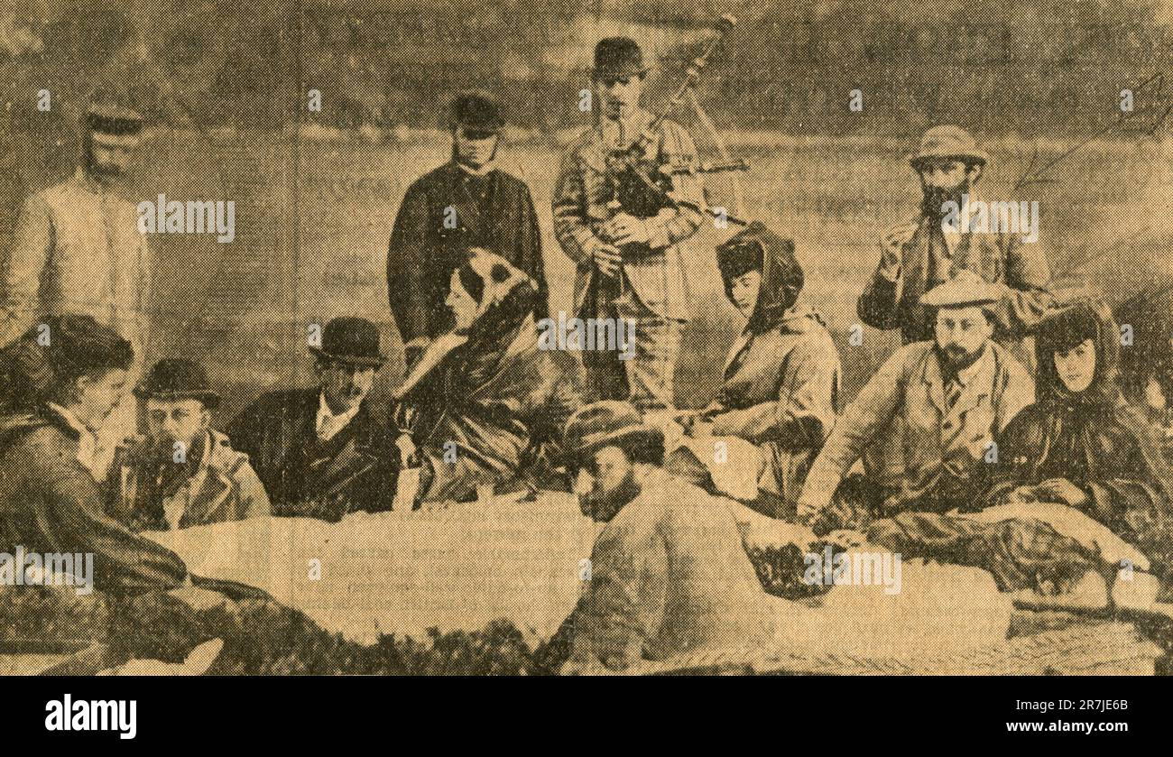 Royal picnic: The Prince of Wales (later King Edward), the Princess of Wales Queen Alexandra, Countess Grosvenor (in bonnet), Mr. Henry Chaplin and John Brown, personal attendant to Queen Victoria, Scotland 1864 Stock Photo