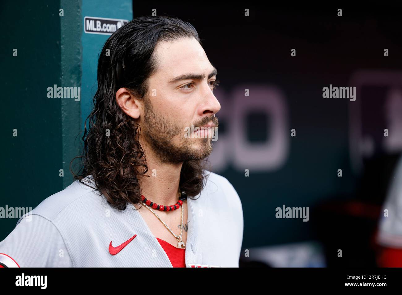 ST. LOUIS, MO - JUNE 11: Cincinnati Reds second baseman Jonathan India (6)  looks on during an MLB game against the St. Louis Cardinals on June 11,  2023 at Busch Stadium in