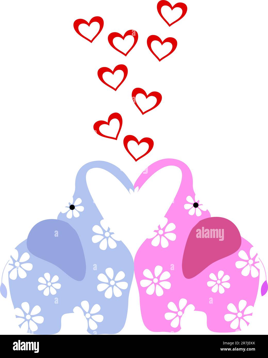 two cute love elephant with red hearts Stock Vector