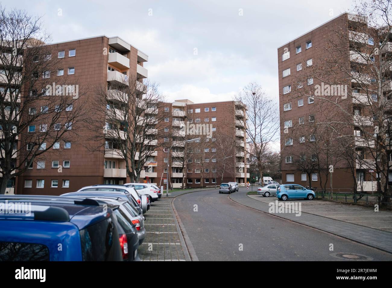 A residential settlement with tall apartment buildings in the slums of