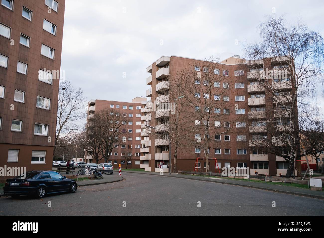 A residential settlement with tall apartment buildings in the slums of