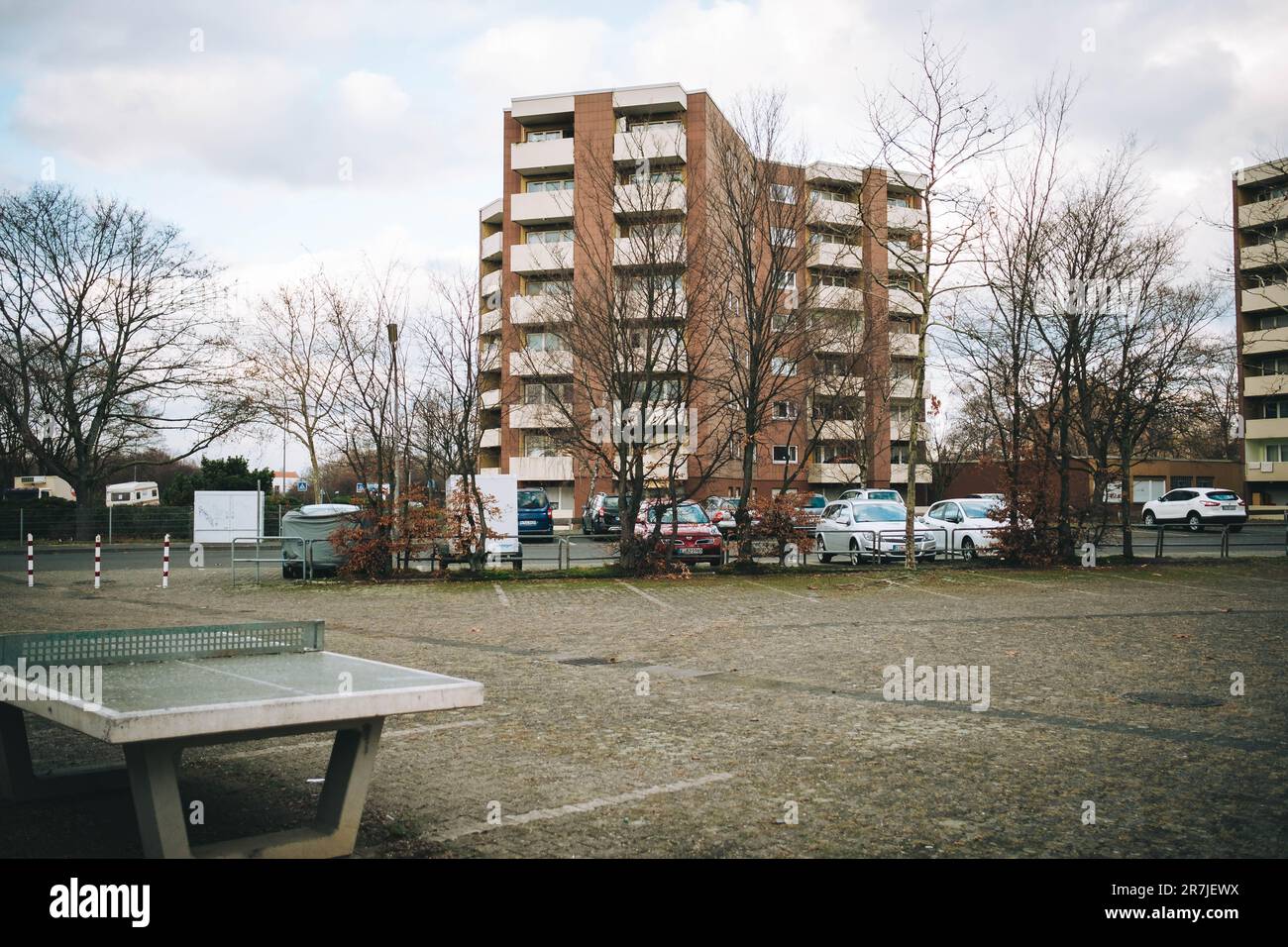 A residential settlement with tall apartment buildings in the slums of