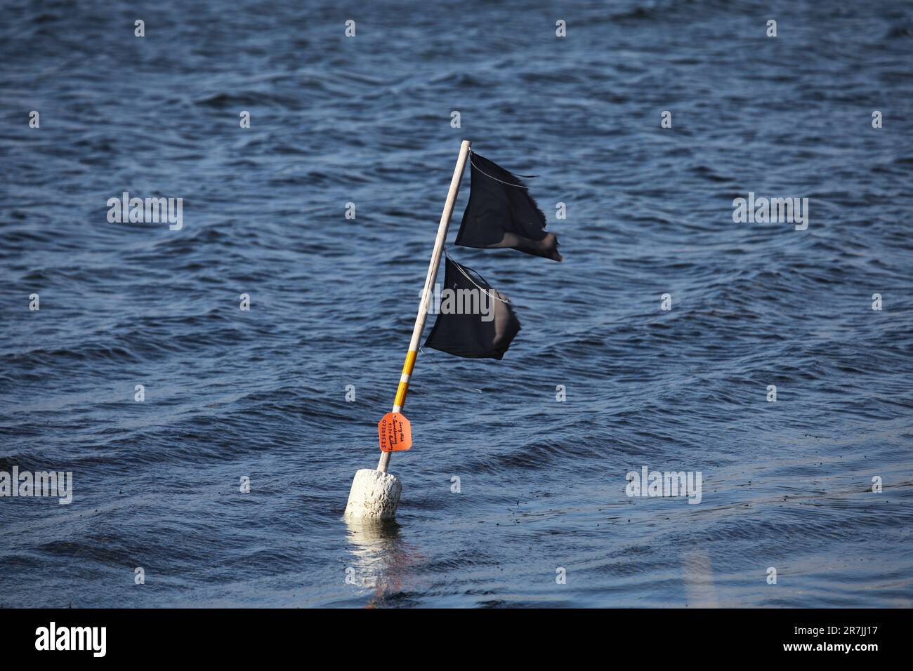 A buoy with two torn black flags floating in the calm waters of a lake or  river Stock Photo - Alamy