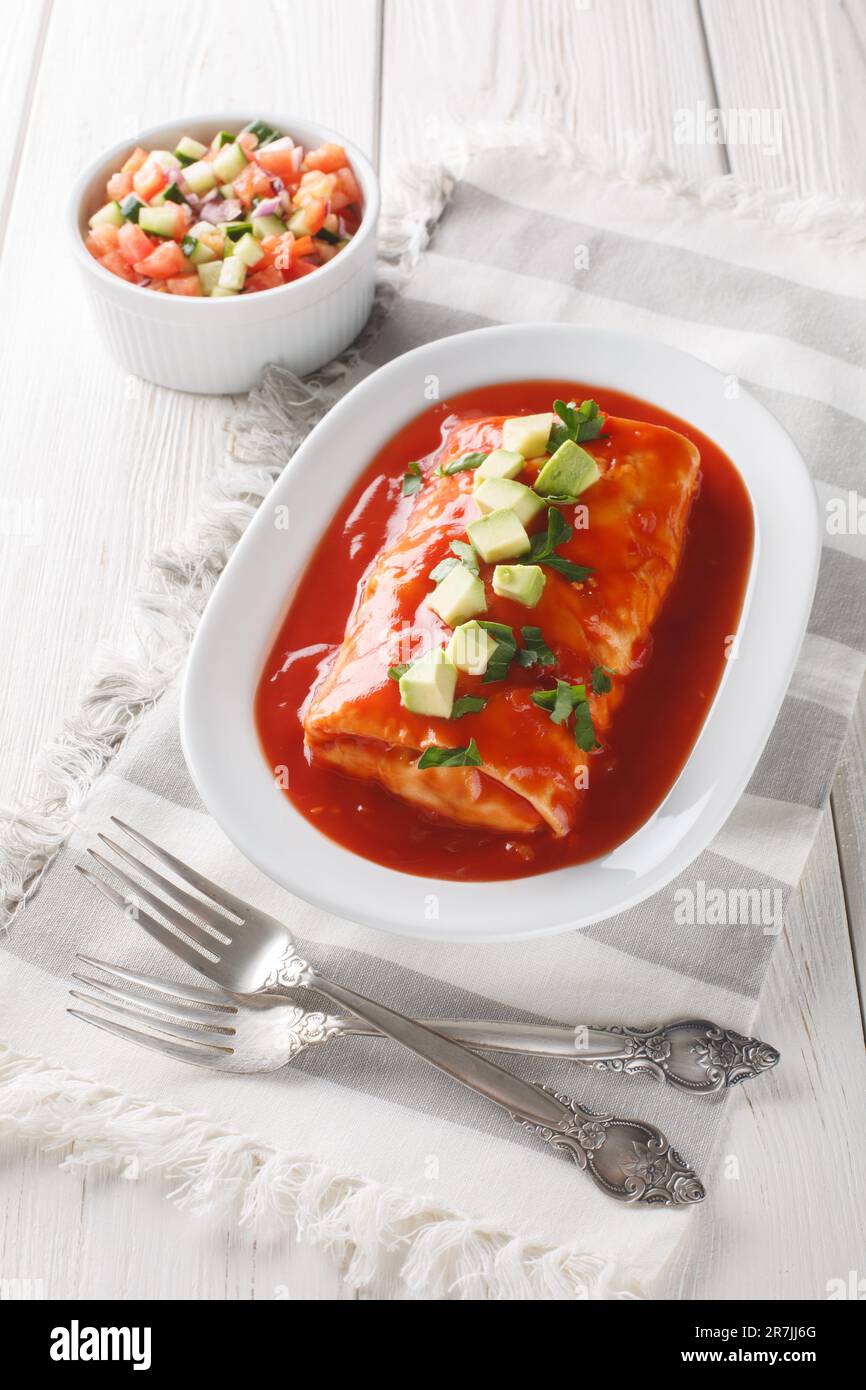 Mexican wet burrito platter with red enchilada sauce, refried beans, rice and cheese closeup on