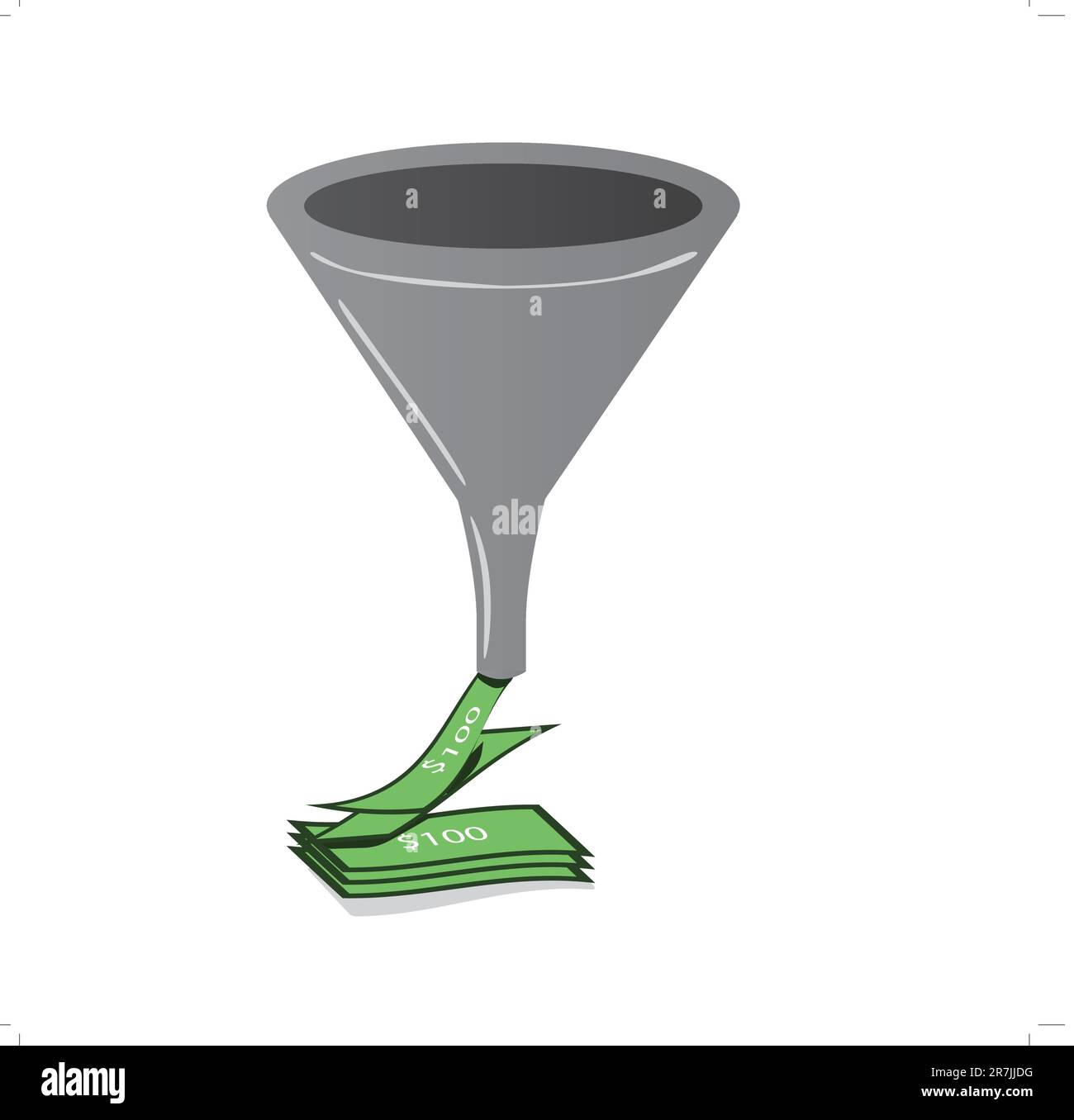 An illustration of sales funnel with money pouring onto a stack of
