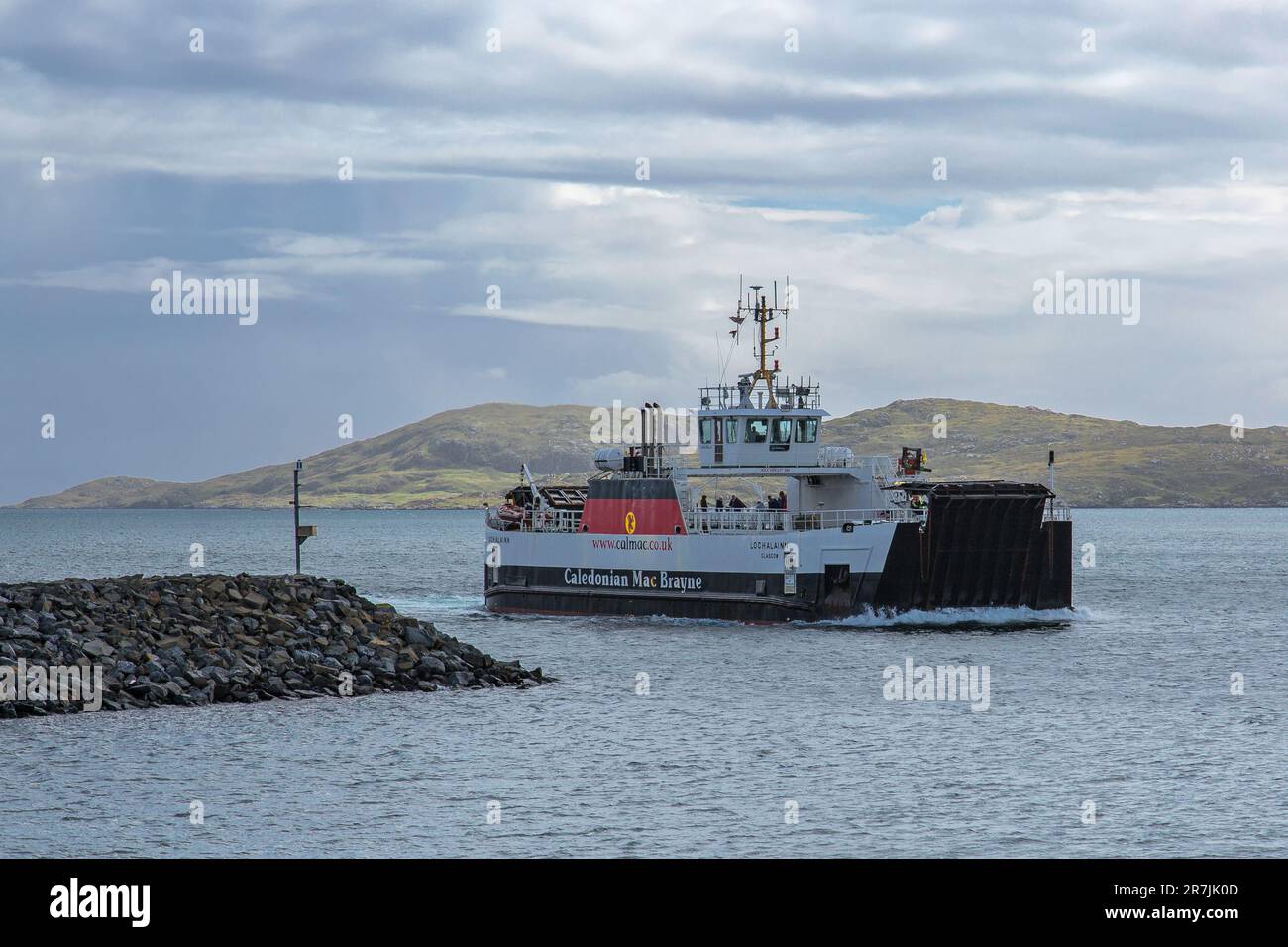 CalMac Ferry arriving at Aird Mhor Barra Ferry Terminal, Barra, Isle of Barra, Outer Hebrides, Scotland, United Kingdom Stock Photo