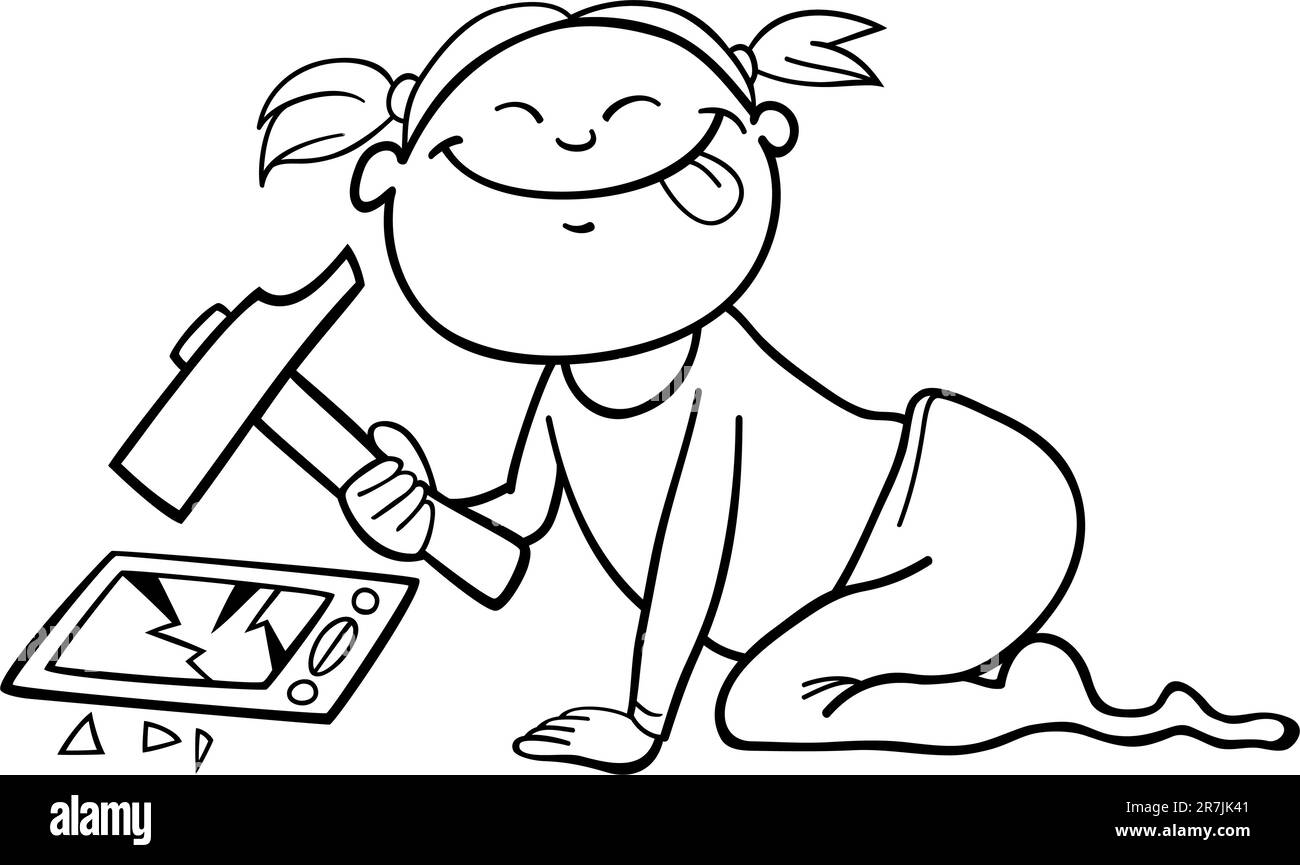 illustration of baby girl destroying the smartphone for coloring book ...