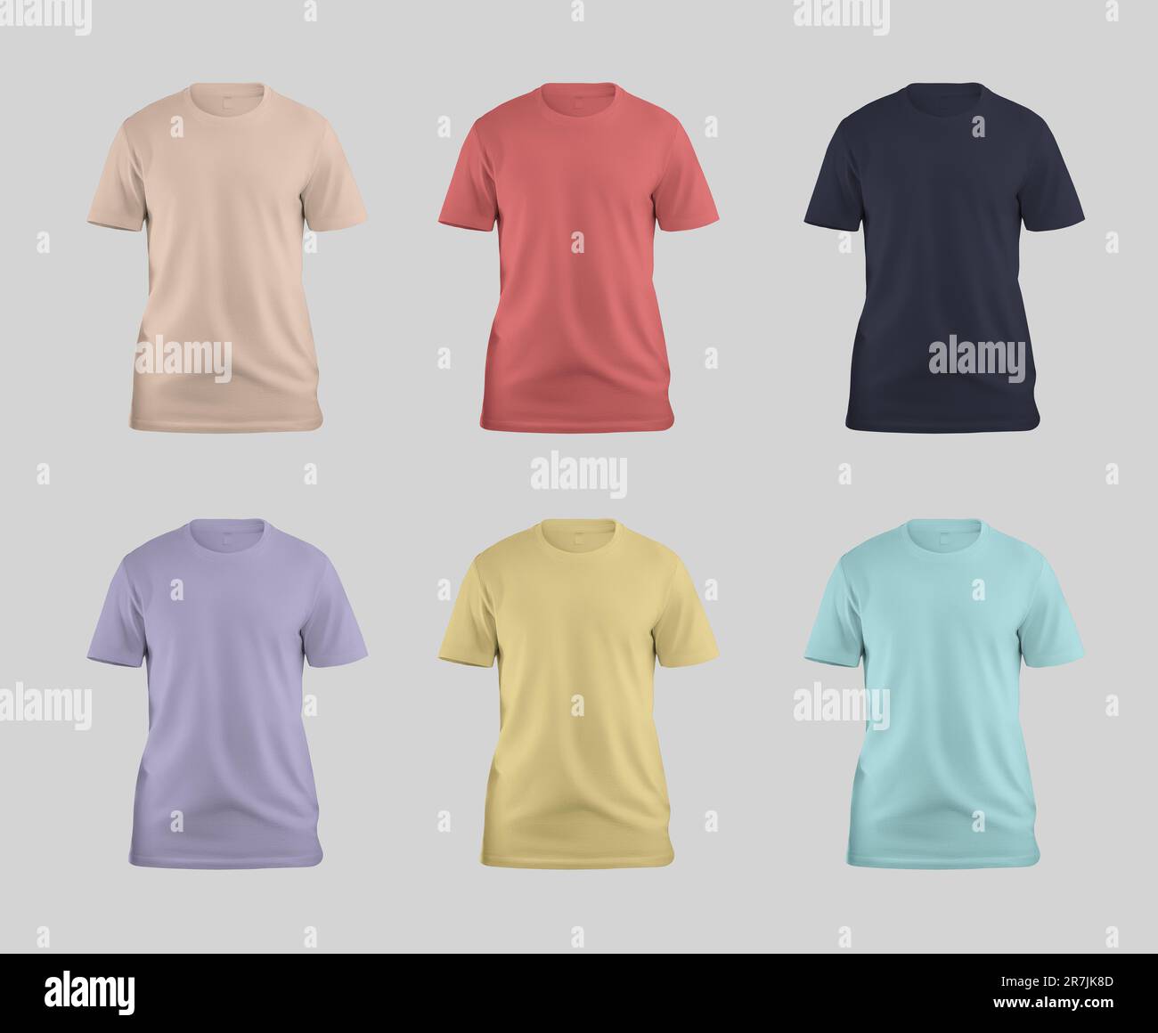 Mockup of bright t-shirts 3D rendering, fashion unisex clothes isolated on background, front. Stylish men's shirt template for design, pattern, brand, Stock Photo