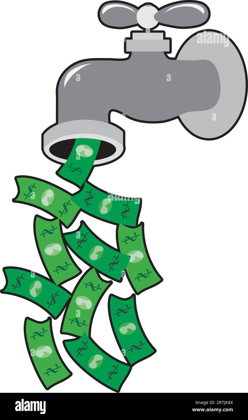 A faucet is dripping dollar bills instead of water Stock Vector
