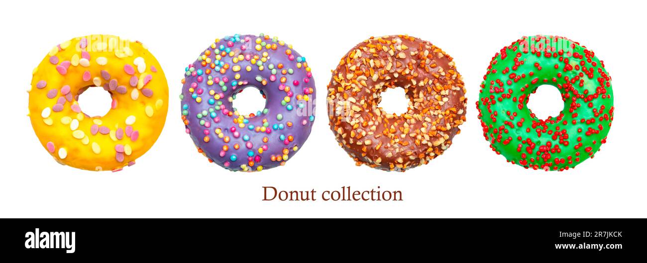 Assorted donuts with colorful icing. Isolated on white background. Stock Photo