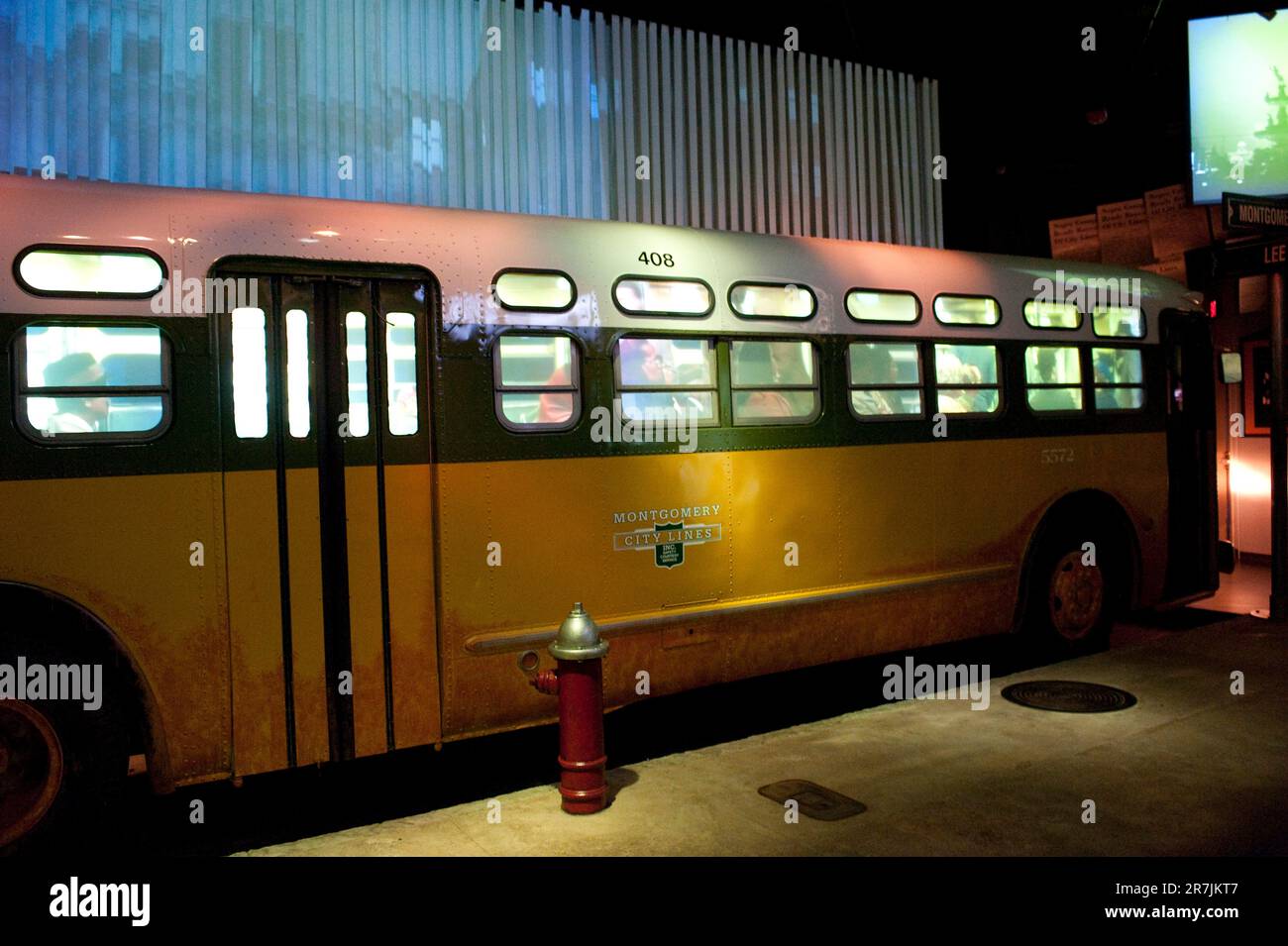 Replica display of a city bus at the Rosa Parks Museum and Library, Montgomery, AL Stock Photo