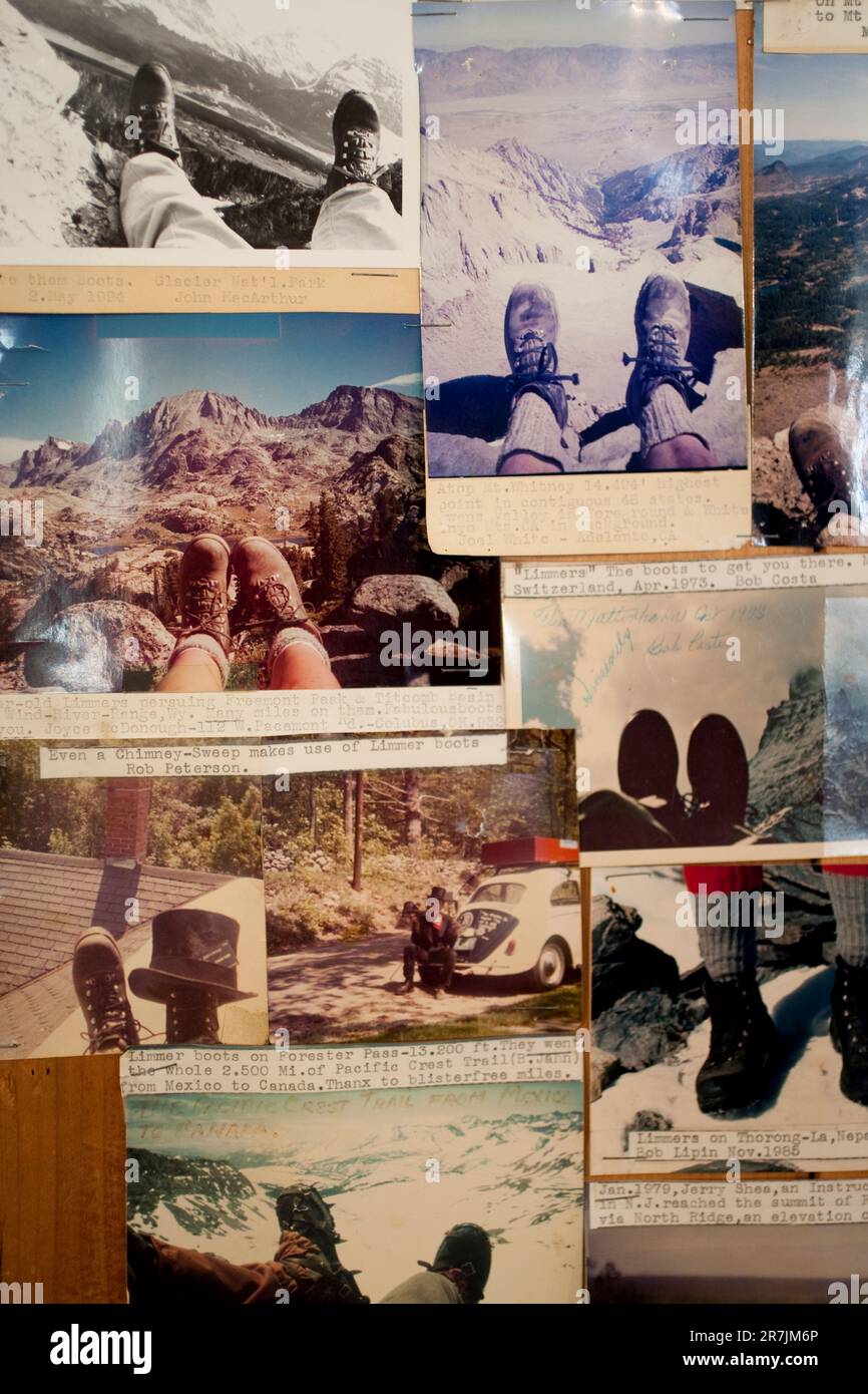 Pictures of happy customers line the walls of Limmer & Sons boot shop in Intervale, NH. Stock Photo