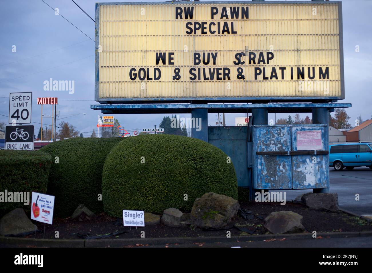 An old marqui outside a pawn shop indicates the shop purchases scrap metal in Vancouver, Washington. Stock Photo