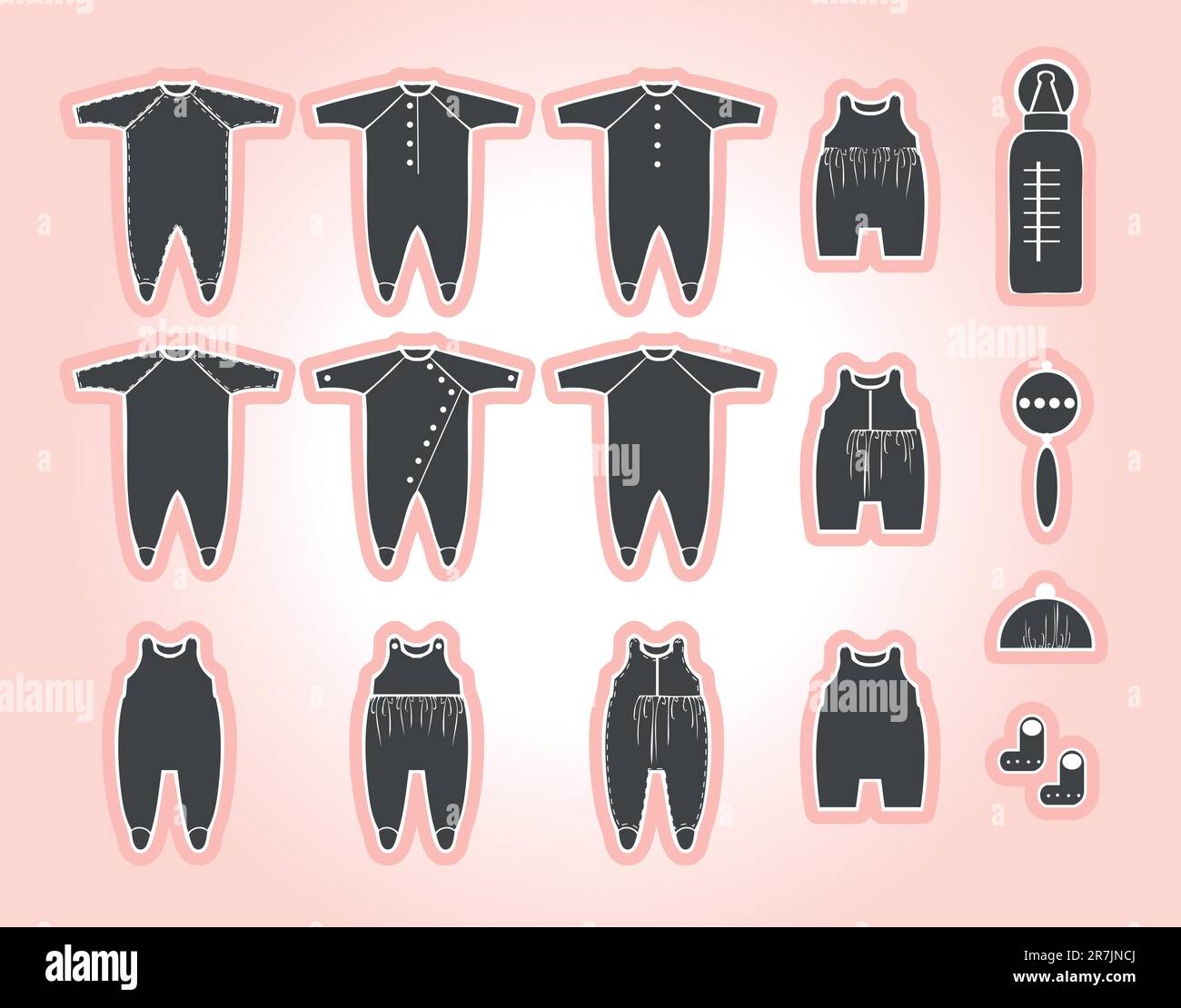 Baby clothes, bottle, toy, hat set Stock Vector
