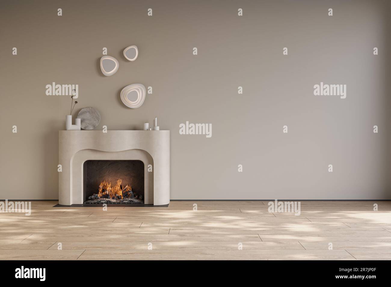 Fireplace in cozy living room interior with warm bright walls and ...