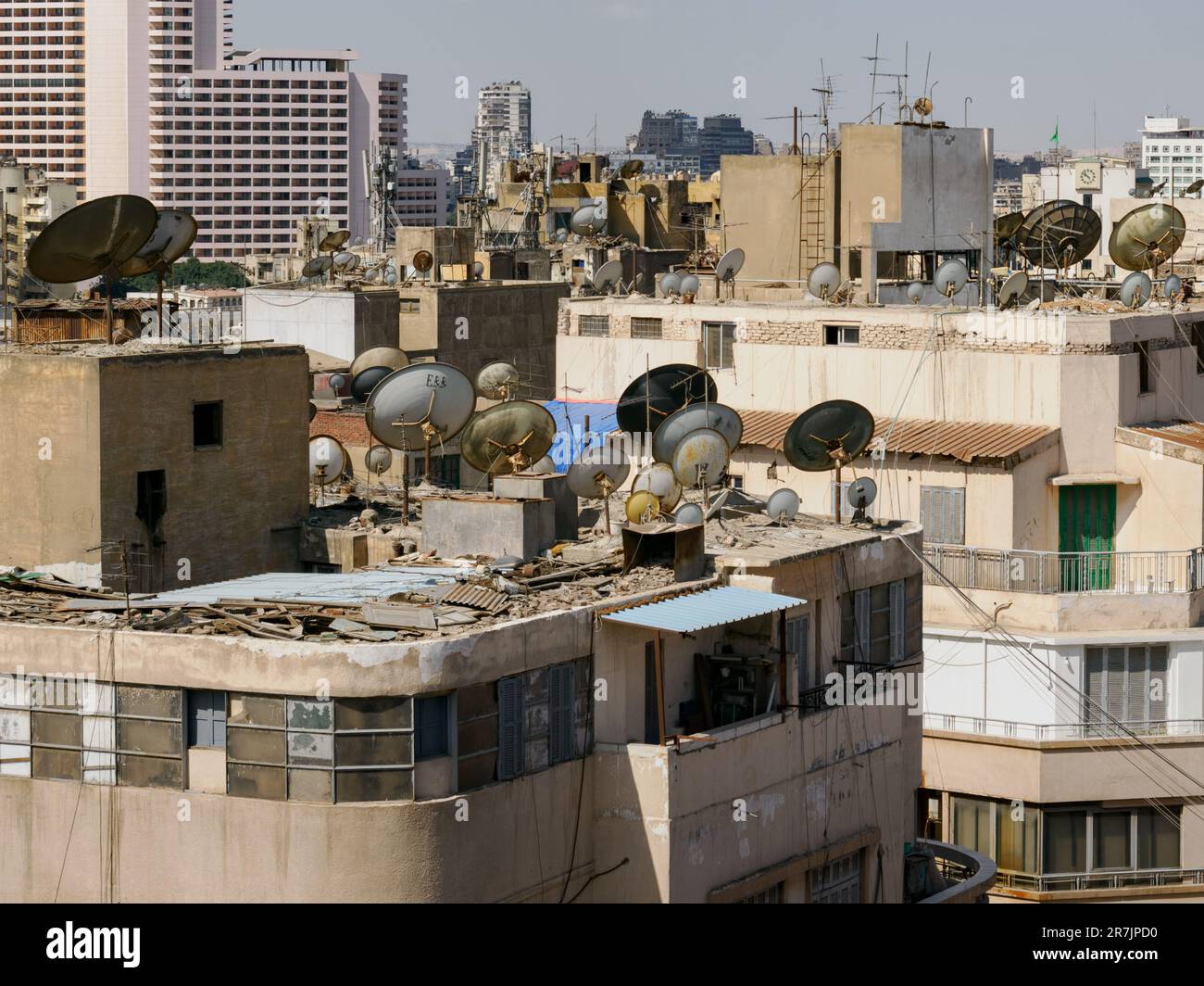 Ancient History Architecture: Cairo City Buildings with Many Sat Stock Photo