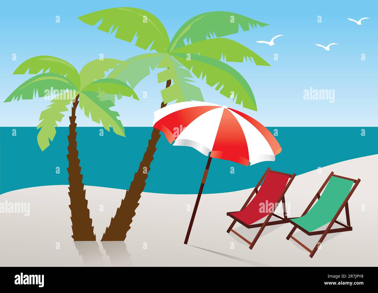 Vector illustration of beach with umbrella and chairs Stock Vector ...