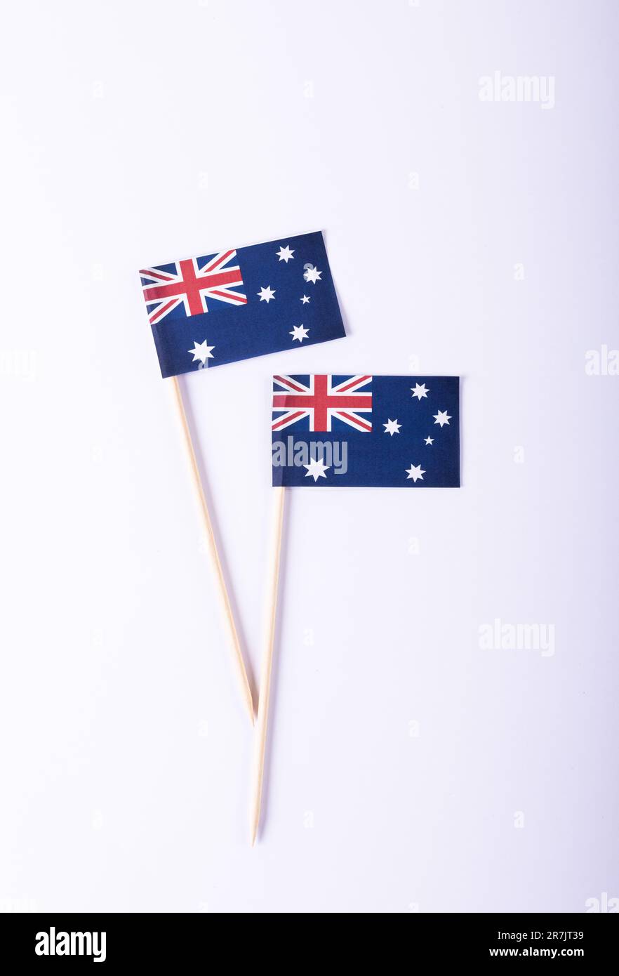 Overhead view of australian flags against white background, copy space Stock Photo