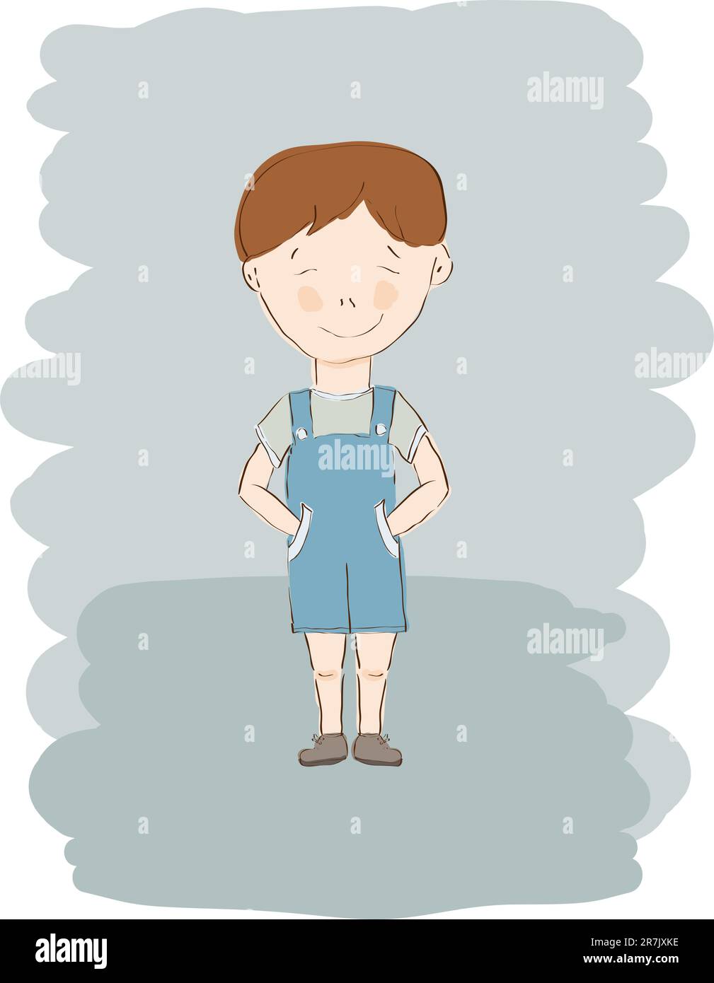 vector little boy in blue shorts hiding hands in the pocket Stock Vector