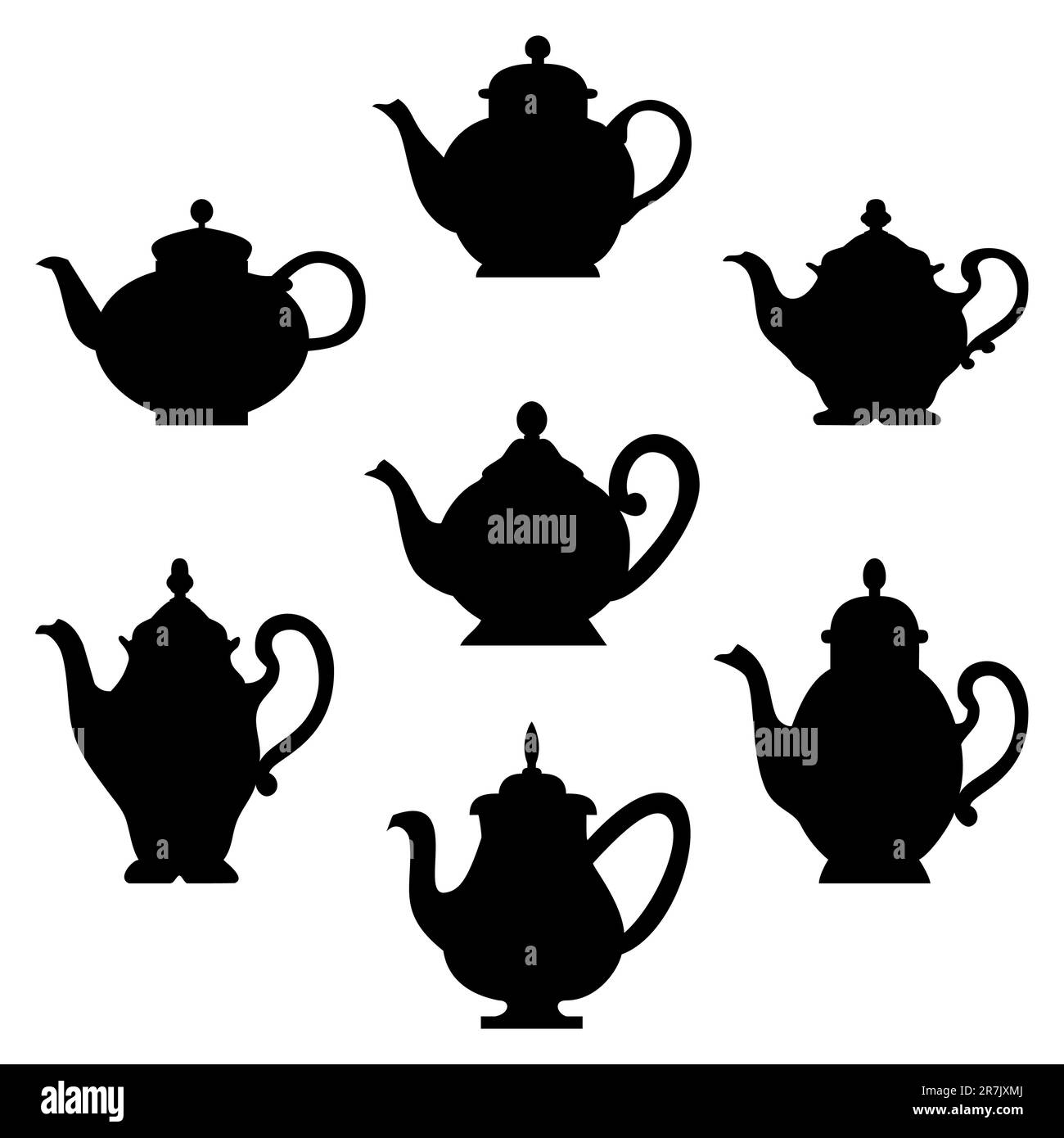 Black silhouettes of antique teapots or coffee pots. Design for your menu restaurant card Stock