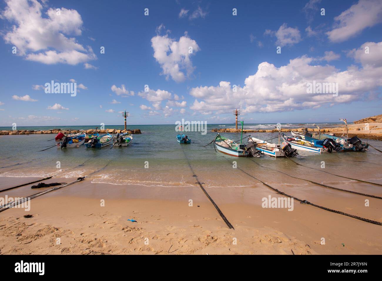 The small naturally protected fishing harbour at Jisr Az Zarqa,  Israel Jisr az-Zarqa (Arabic: جِسْر الزَّرْقَاء lit. The blue bridge, Hebrew: גִ'סְר Stock Photo