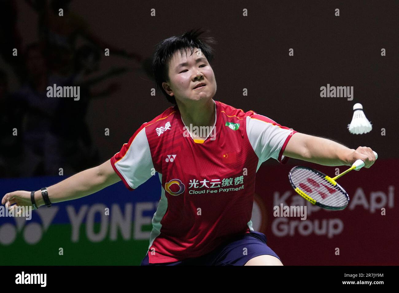 Chinas He Bing Jiao plays against South Koreas An Se-young during their womens singles quarter final match at Indonesia Open badminton tournament at Istora Stadium in Jakarta, Indonesia, Friday, June 16, 2023