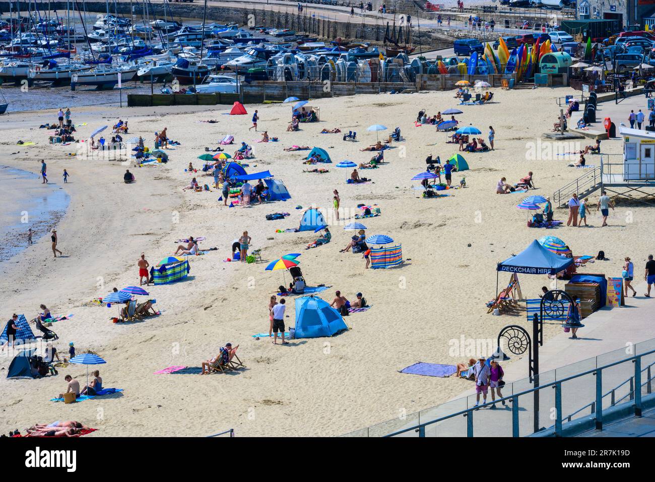 Lyme Regis, Dorset, UK. 16th June, 2023. UK Weather: Sunworshippers flock to the seaside resort of Lyme Regis to soak up the scorching hot sunshine as the June heatwave continues. Credit: Celia McMahon/Alamy Live News Stock Photo