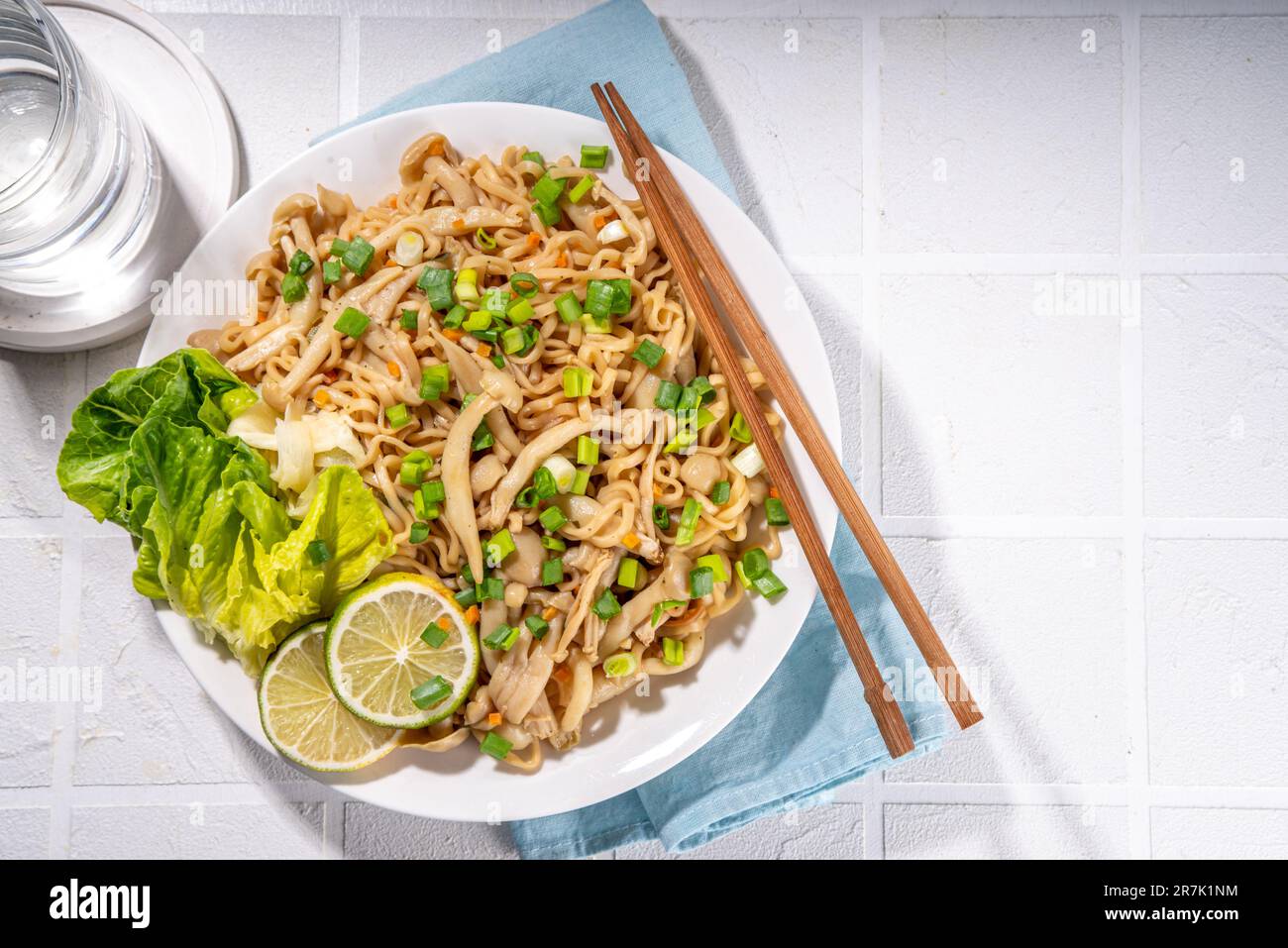 Asian shimeji noodles dish. Chow Mein noodles pasta, with stir fried