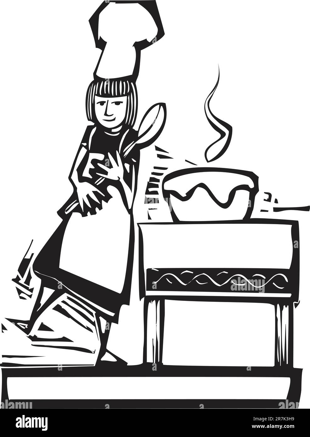 Woman chef with a big spoon and a stirring bowl Stock Vector Image