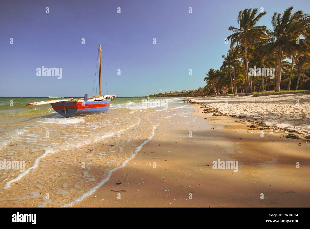 Beached sailing dhow at Vilanculos Beach Mozambique. Stock Photo