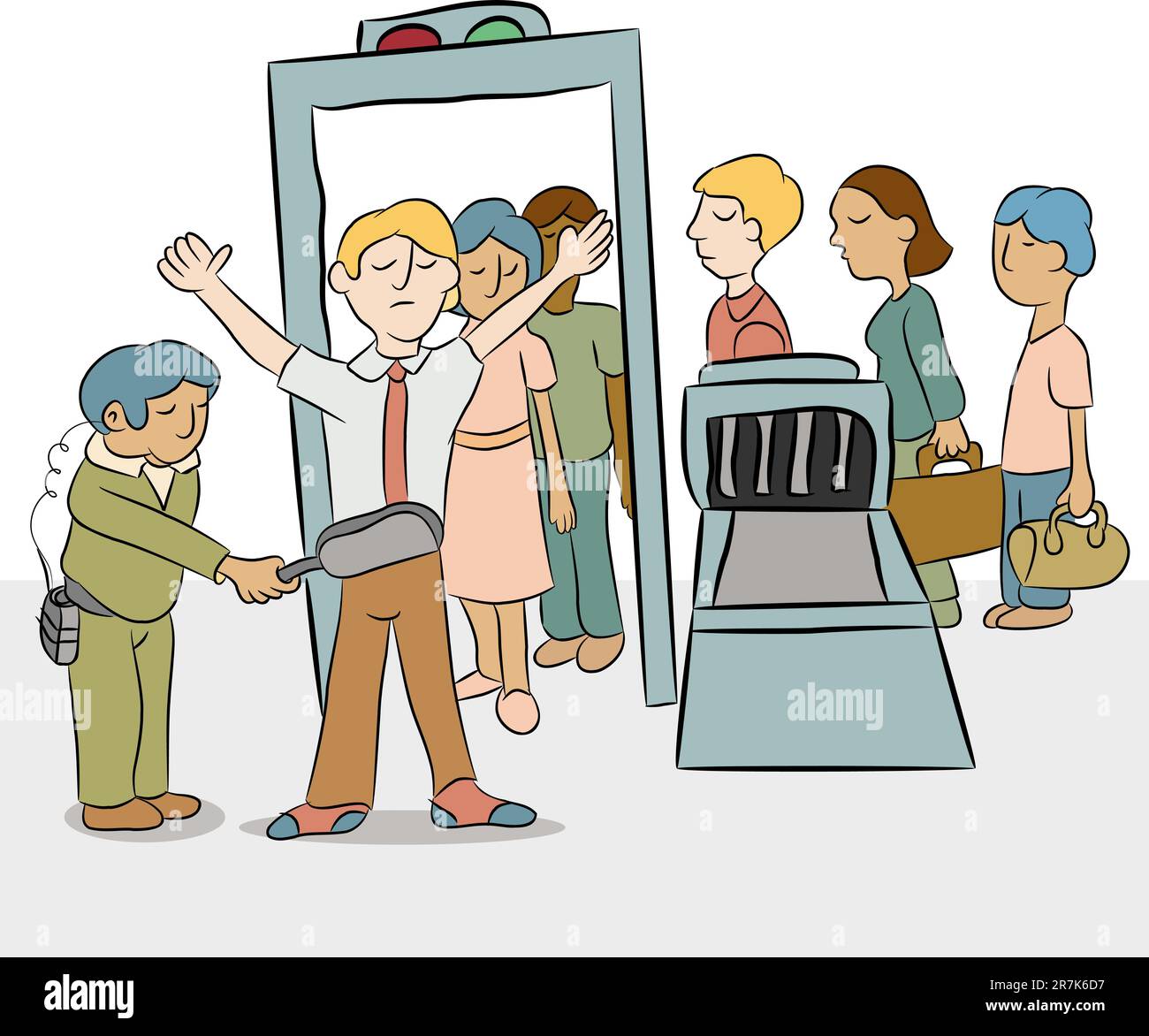 An image of a line of people going through a security checkpoint. Stock Vector