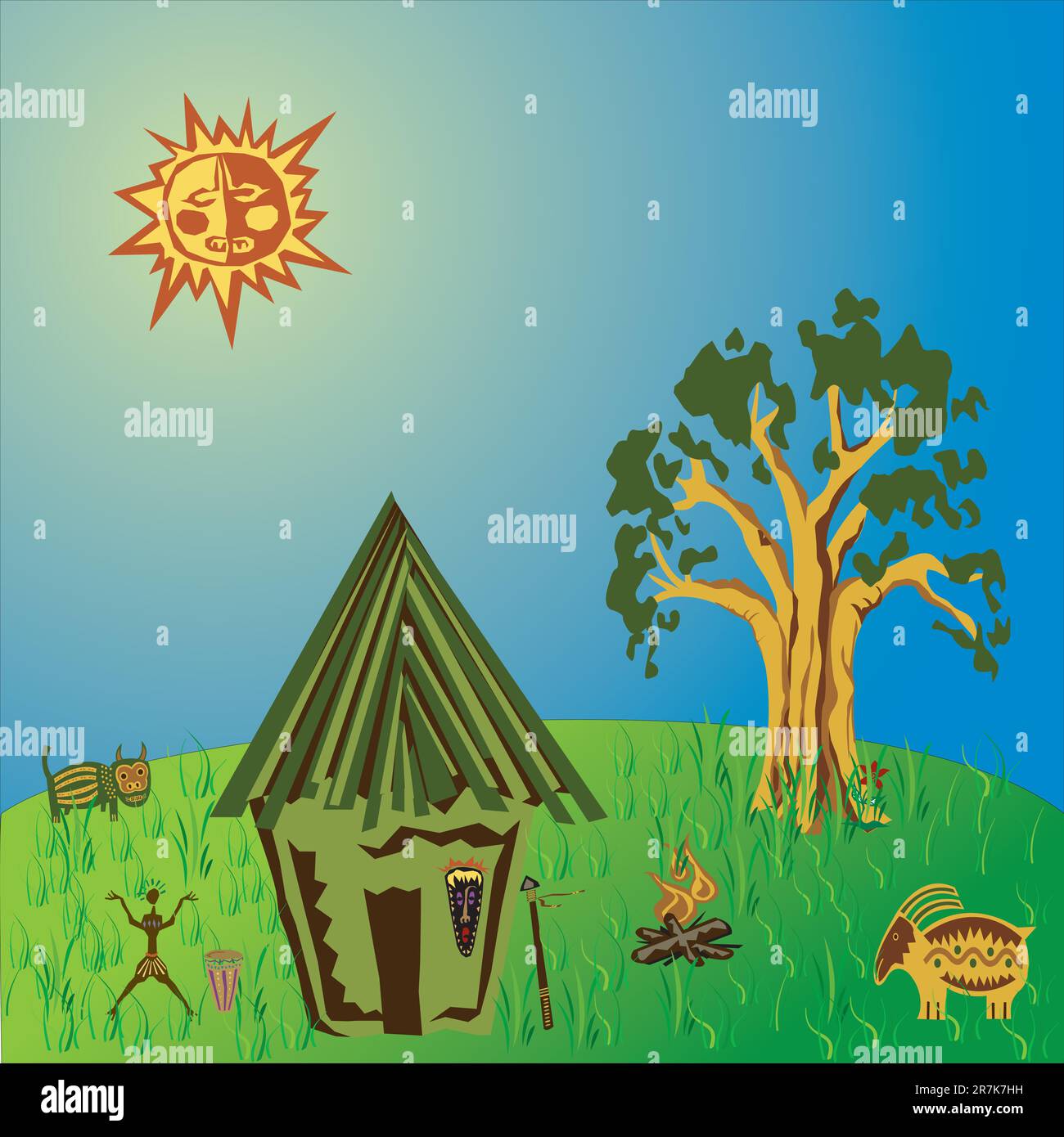 Vector image of the landscape of the ancient tribe of the tree, the house and the sun Stock Vector
