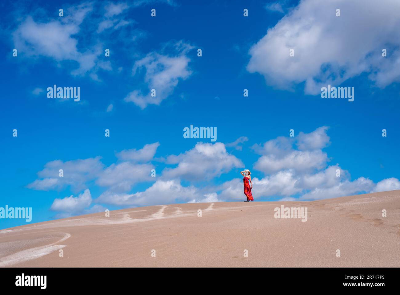 Woman posing outdoors on a sand dune on a sunny day. Summer concept. Stock Photo