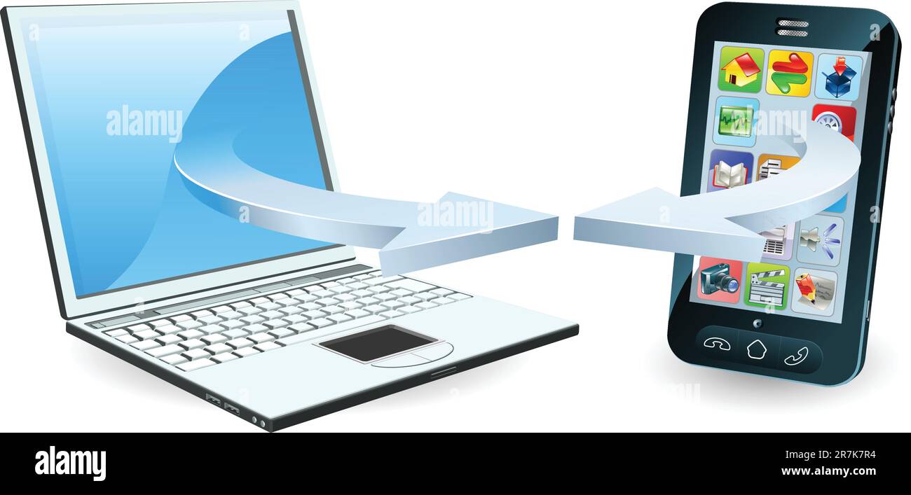 Laptop and smartphone communicating via wireless technology concept ...