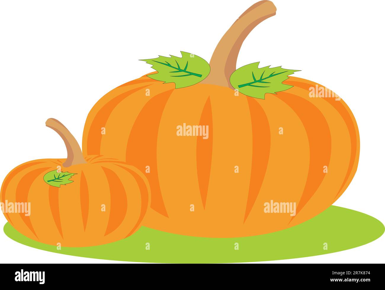 The big pumpkin. Two pumpkins on a bed. Stock Vector