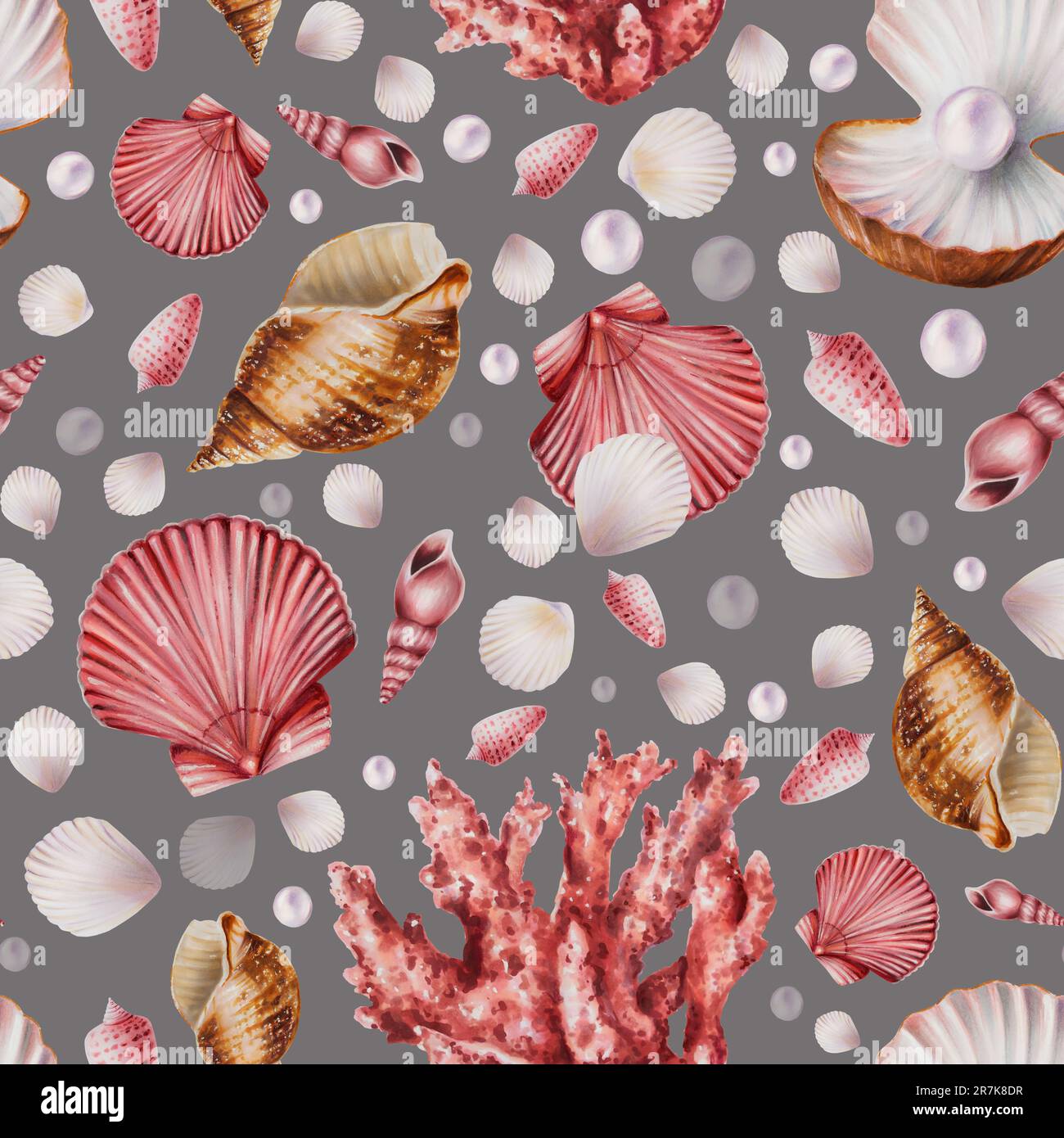 Watercolor seamless pattern with corals, shells and pearls. Hand ...