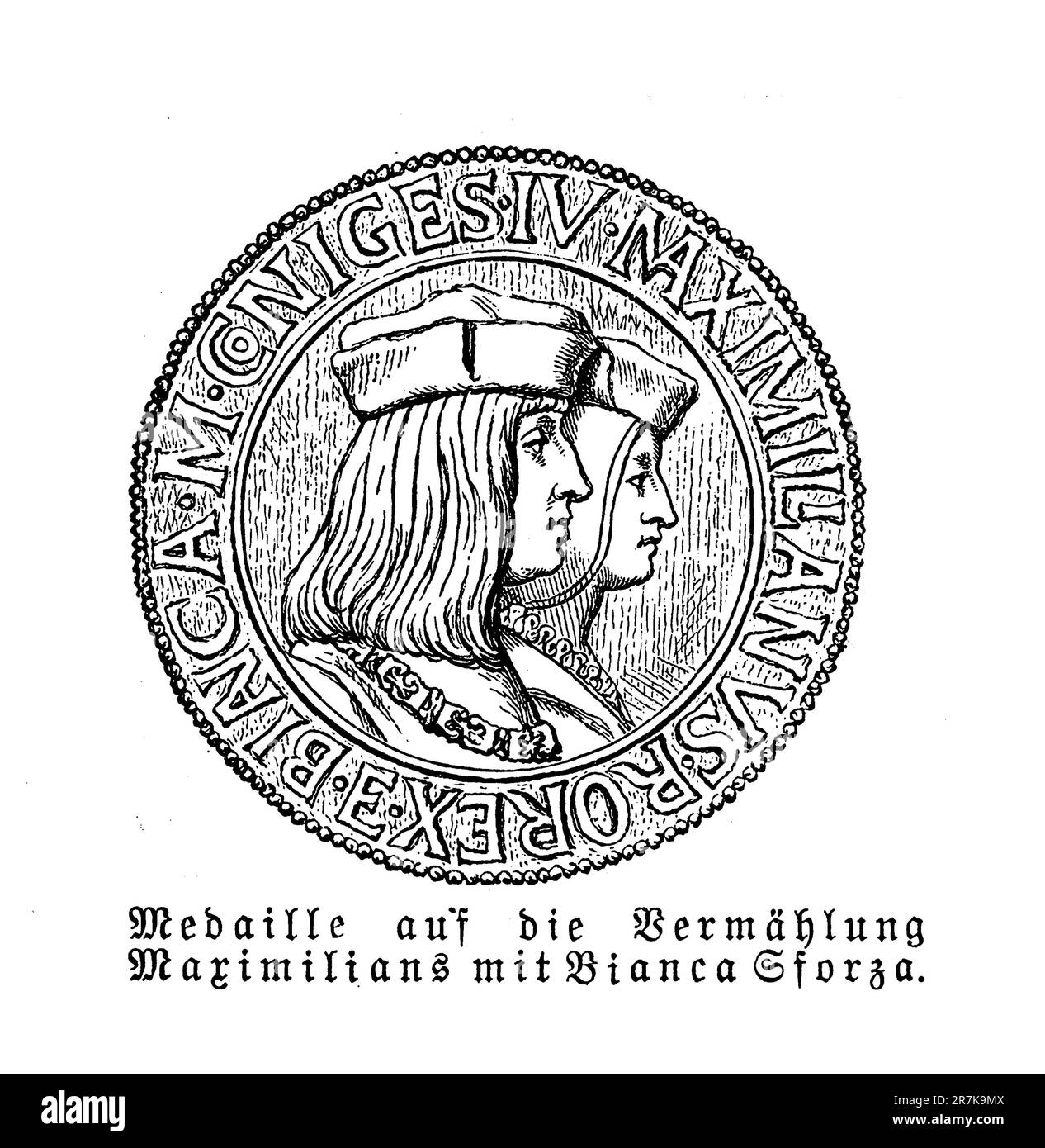 Medal with the portraits of Maximilian I Holy Roman Emperor and his second wife Bianca Maria Sforza.He proclaimed himself elected emperor  breaking the tradition of a papal coronation. Stock Photo