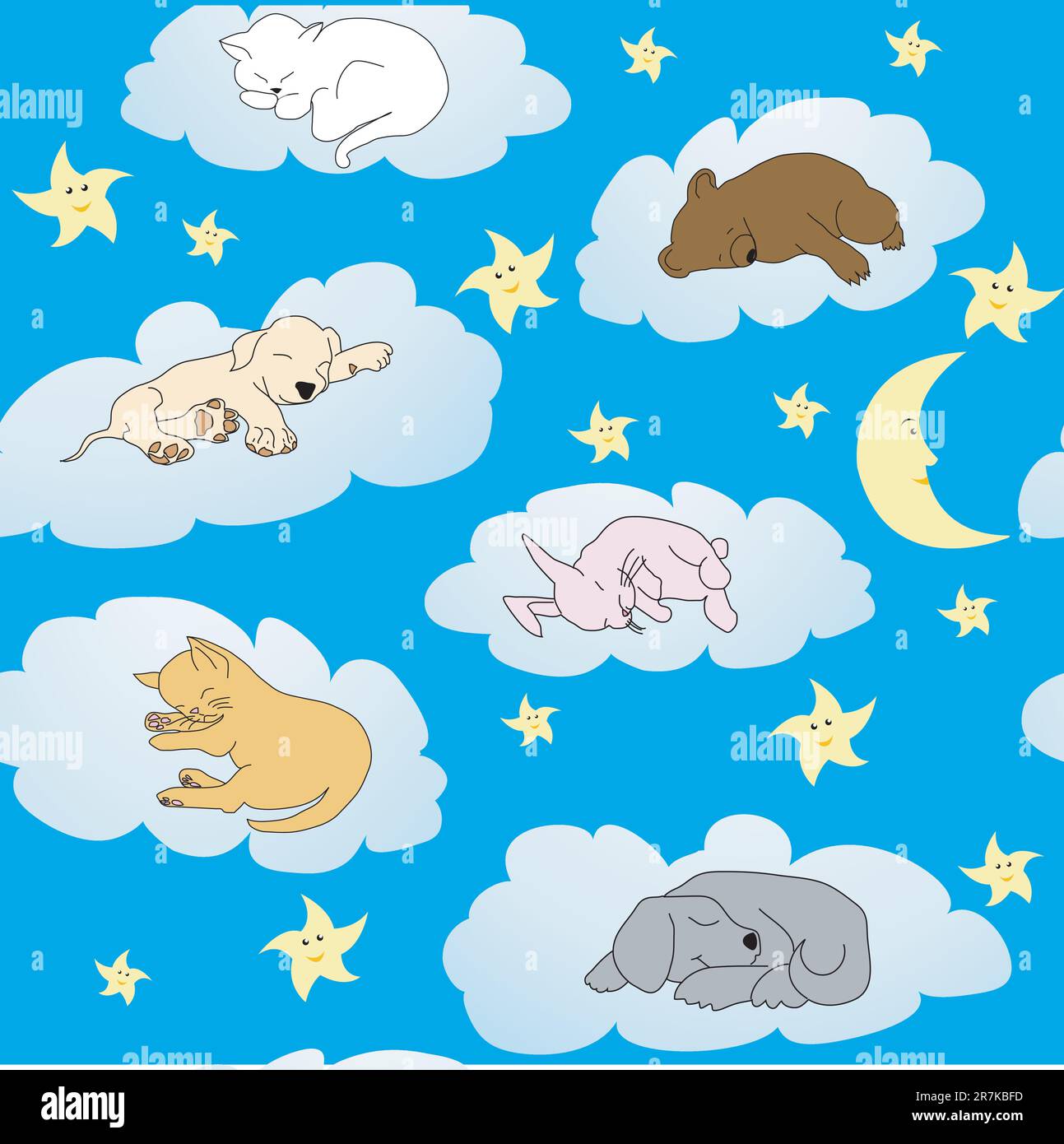 Background with cute doodle animals sleeping on clouds Stock Vector