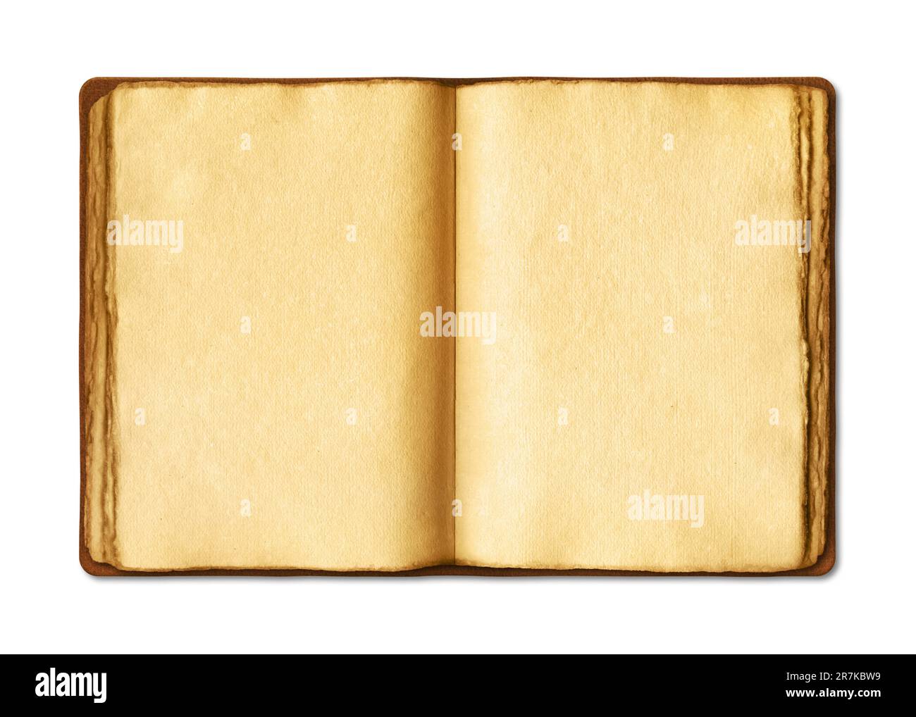 Old open medieval book with worn parchment pages. Blank textured