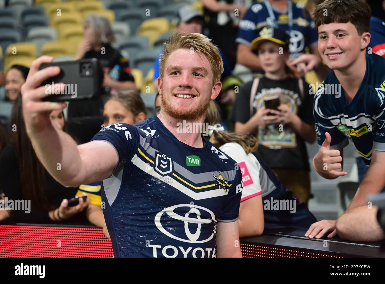 Townsville, Australia. 16th June, 2023. Tom Dearden of the Cowboys  celebrates with fans during the NRL Round 16 match between the North  Queensland Cowboys and Penrith Panthers at Queensland Country Bank Stadium
