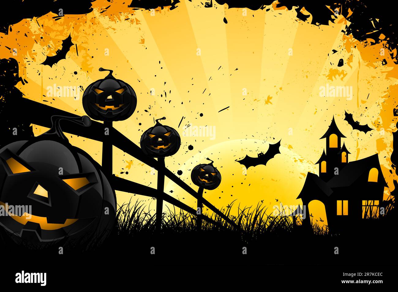 Grungy Halloween background with pumpkins bats house and full moon ...