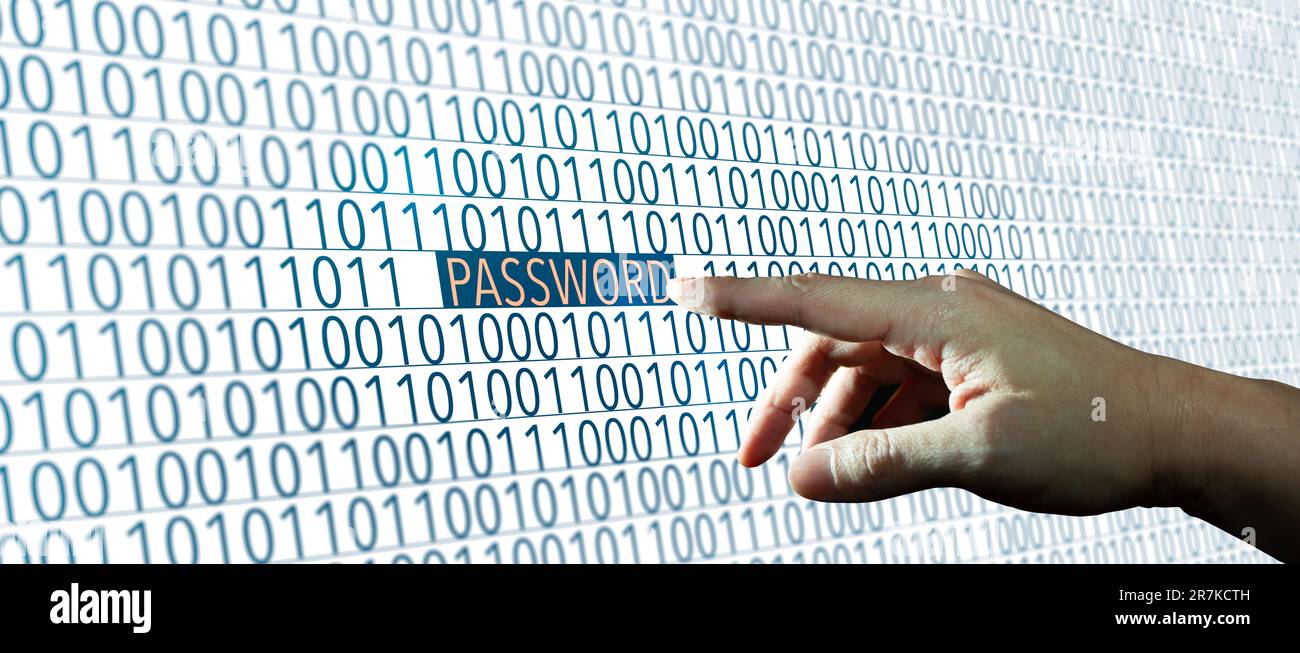 Hand on Password. Password with binary code. Cyber security and Password Hacker concept. Stock Photo