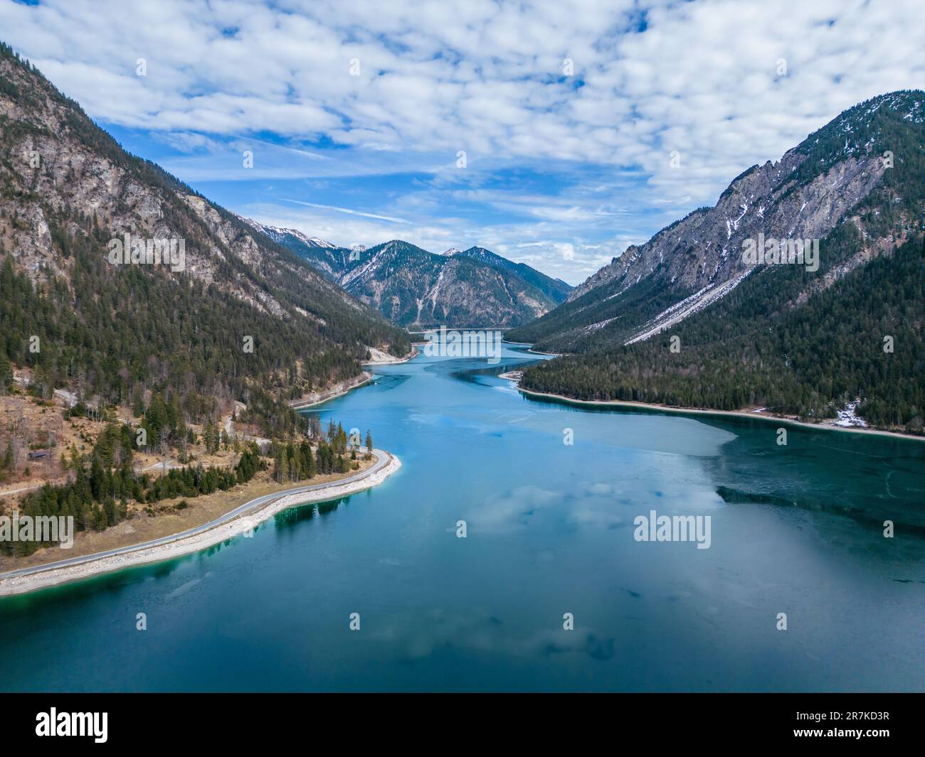 An aerial view of natural scenery near the Plansee Lake in Tyrol ...
