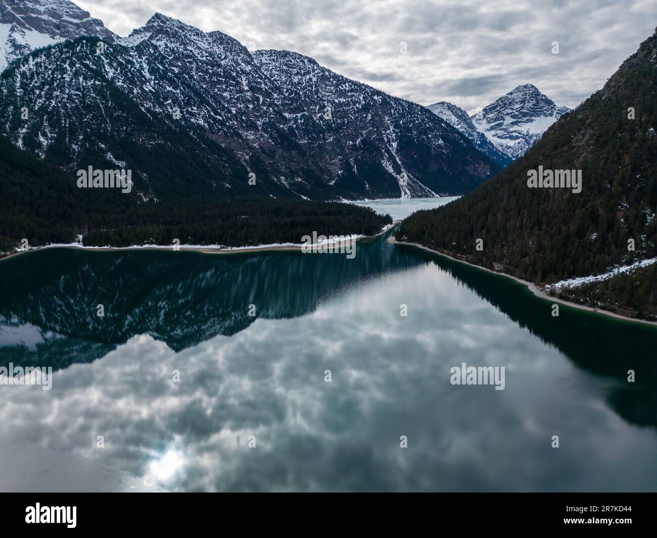 An aerial view of natural scenery near the Plansee Lake in Tyrol ...